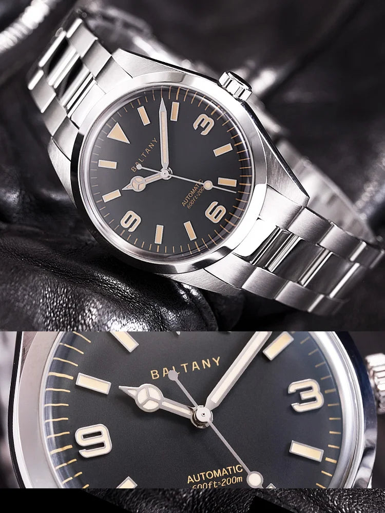 Baltany Vintage Automatic Watch Men NH38 Dome Sapphire Glass Waterproof 20ATM Stainless Steel Bracelet Explorer Tribute Watches - bertofonsi