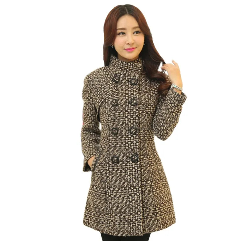 New Women's Wool Blends Coat Winter 2023 Autumn Fashion Elegant Mother Turtleneck Plaid Slim Long Tweed Woolen Outerwear Female - bertofonsi