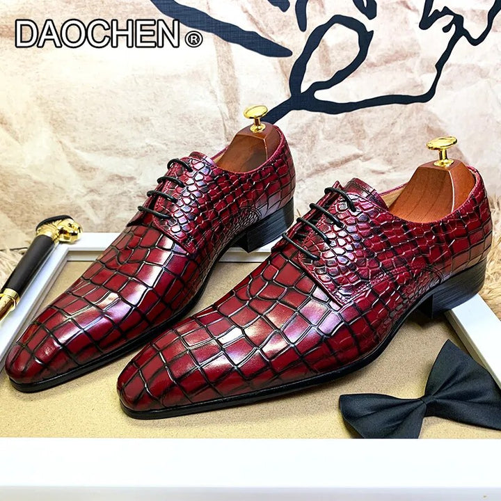 LUXURY BRAND MENS DRESS LEATHER SHOES RED BLACK LACE UP POINTED DERBY OXFORD PRINTED WEDDING OFFICE casual shoes for men - bertofonsi