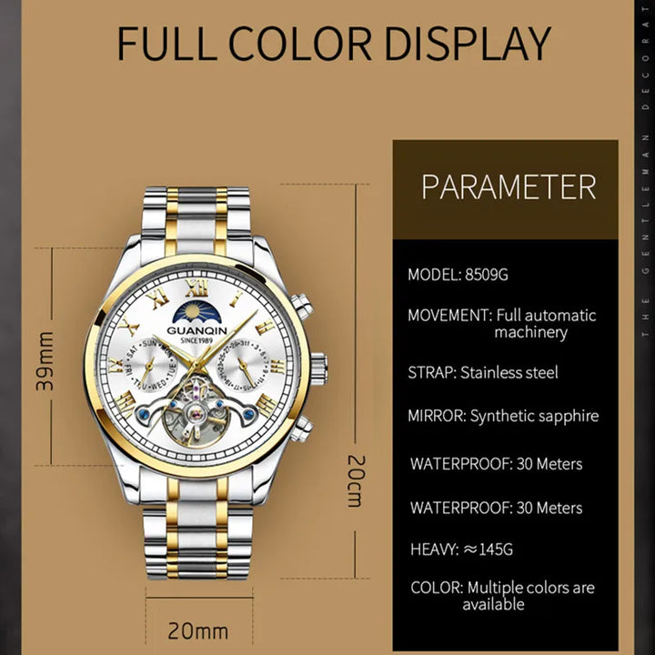 GUANQIN Tourbillon Mechanical Luxury Men's watches Stainless steel Waterproof Moon Phase Watch Sapphire Luminous watch for men - bertofonsi