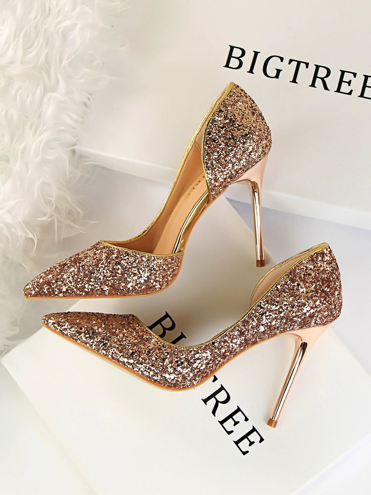 Yang Mi Gold Bridal Hollow Sequins Stilettos Crystal Shoes - bertofonsi