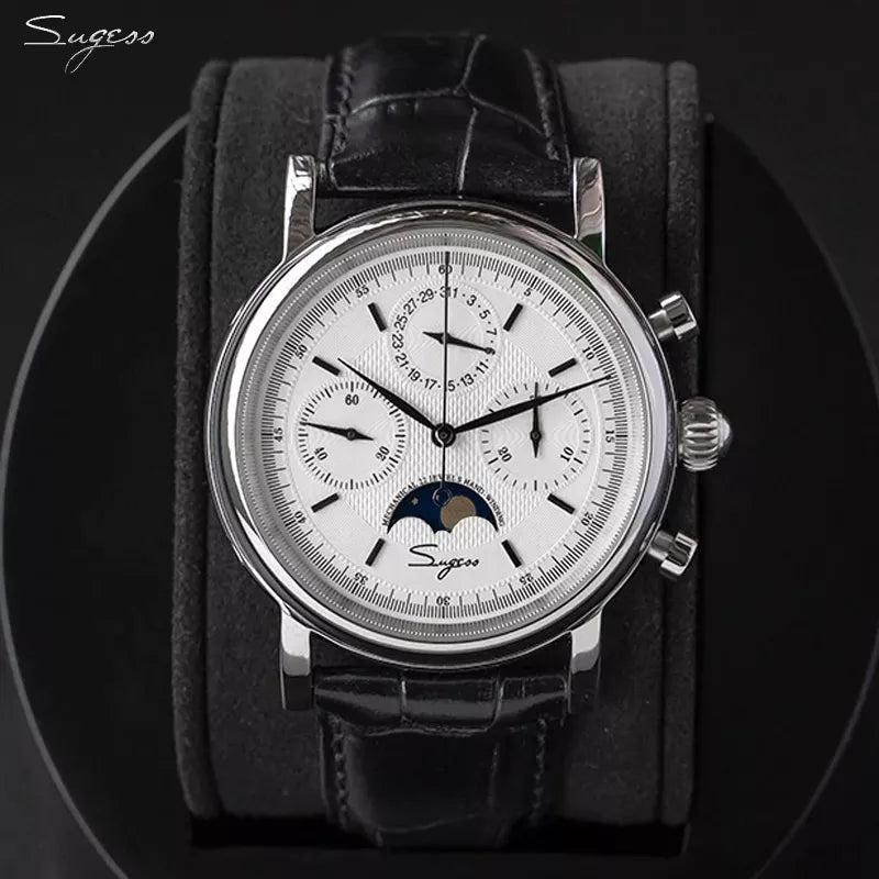 Original Movement ST1908 Sugess Men Mechanical Calendar Watch Chronograph Vintage Moonphase Wristwatch Waterproof - bertofonsi