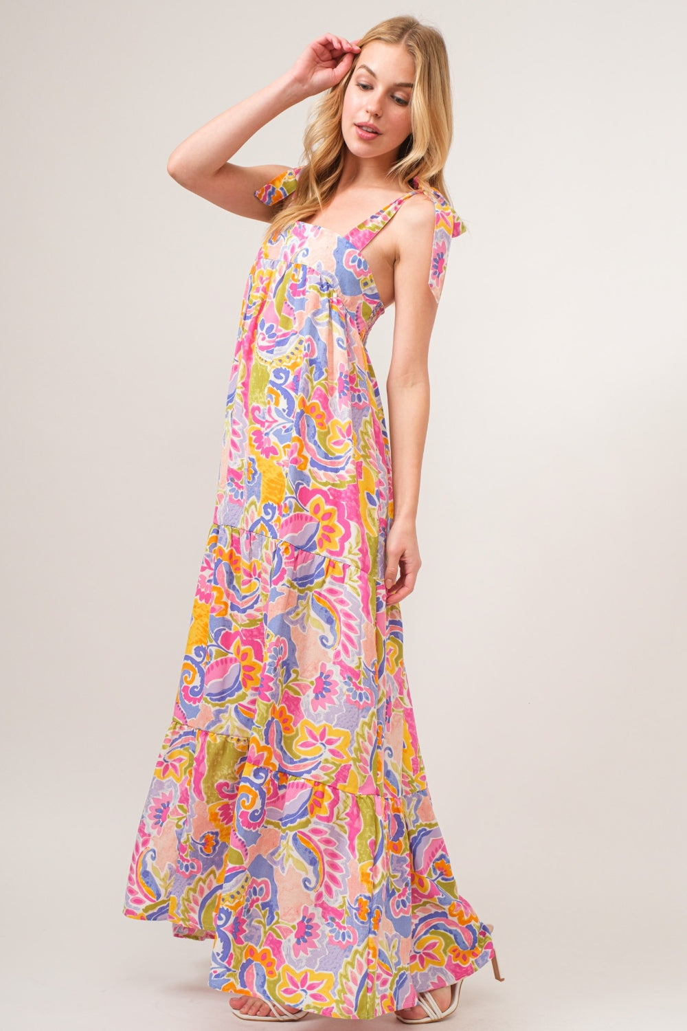 And The Why Full Size Printed Tie Shoulder Tiered Maxi Dress - bertofonsi