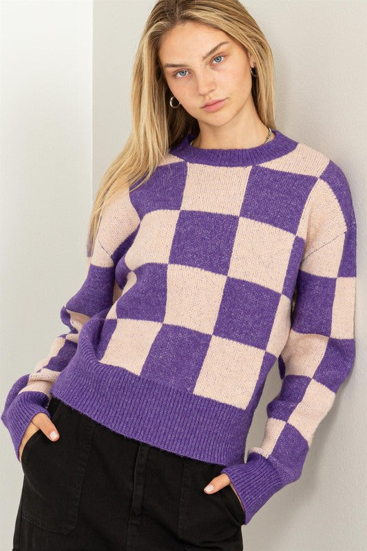 Weekend Chills Checkered Long Sleeve Sweater - bertofonsi