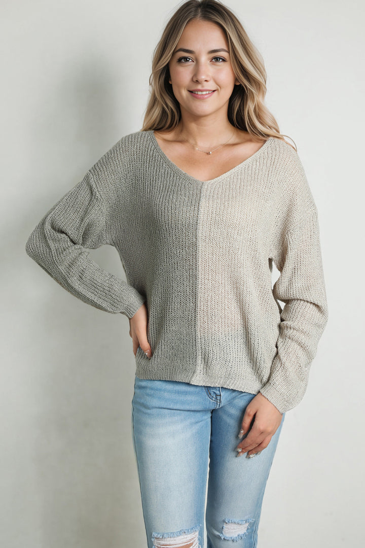 Contrast Color V-Neck Long Sleeve Pullover Sweater - bertofonsi