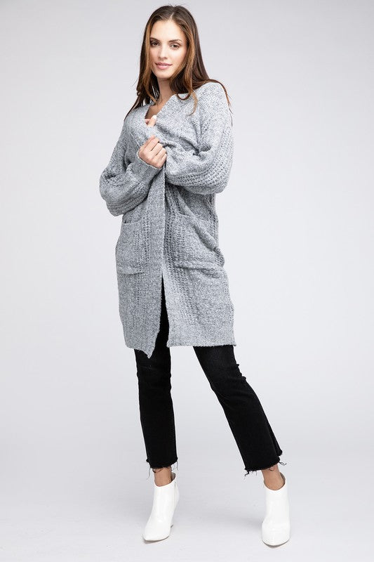 Twist Knitted Open Front Cardigan With Pockets - bertofonsi