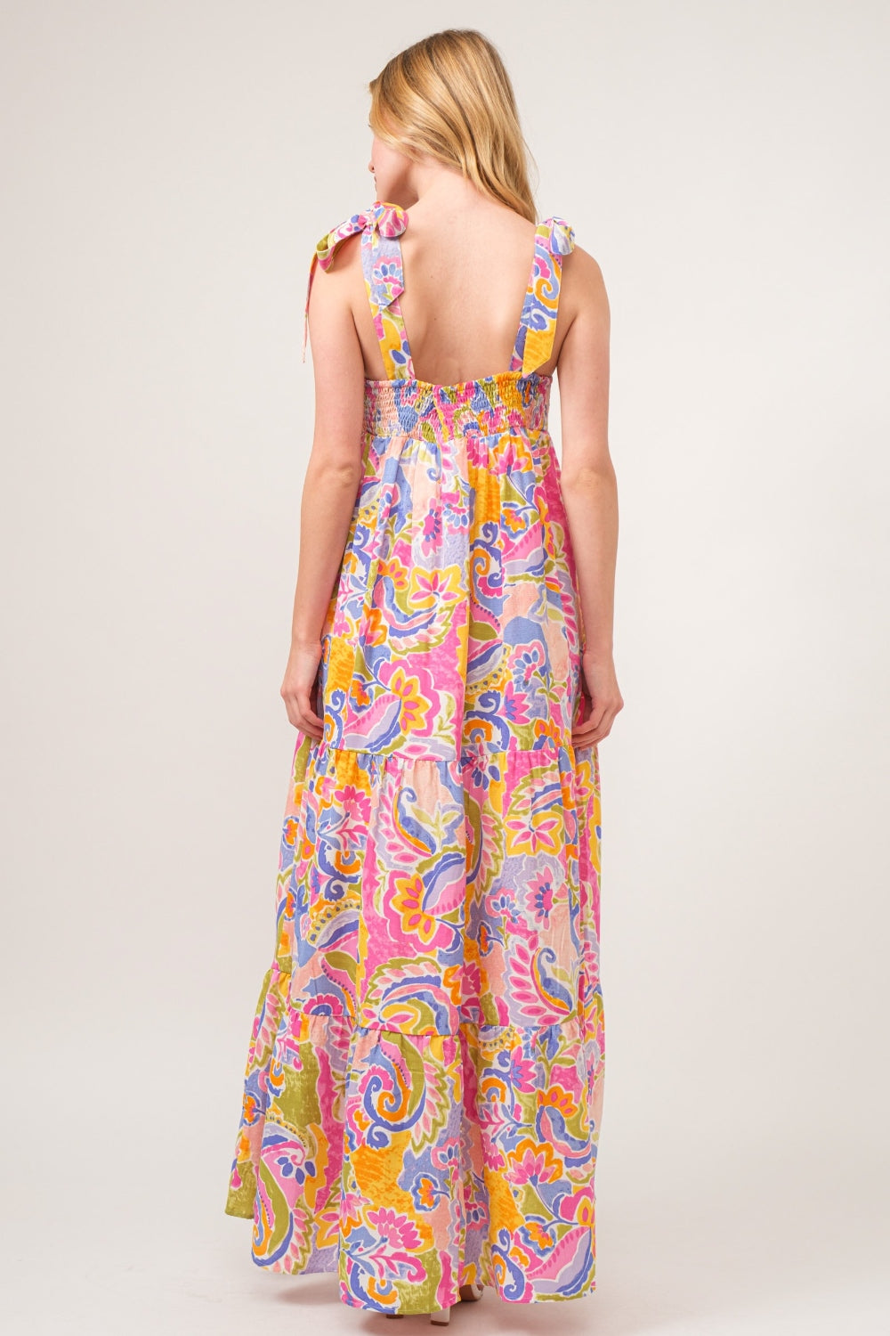 And The Why Full Size Printed Tie Shoulder Tiered Maxi Dress - bertofonsi