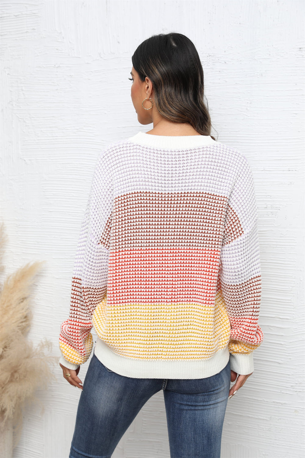 Waffle-Knit Round Neck Dropped Shoulder Color Block Sweater - bertofonsi