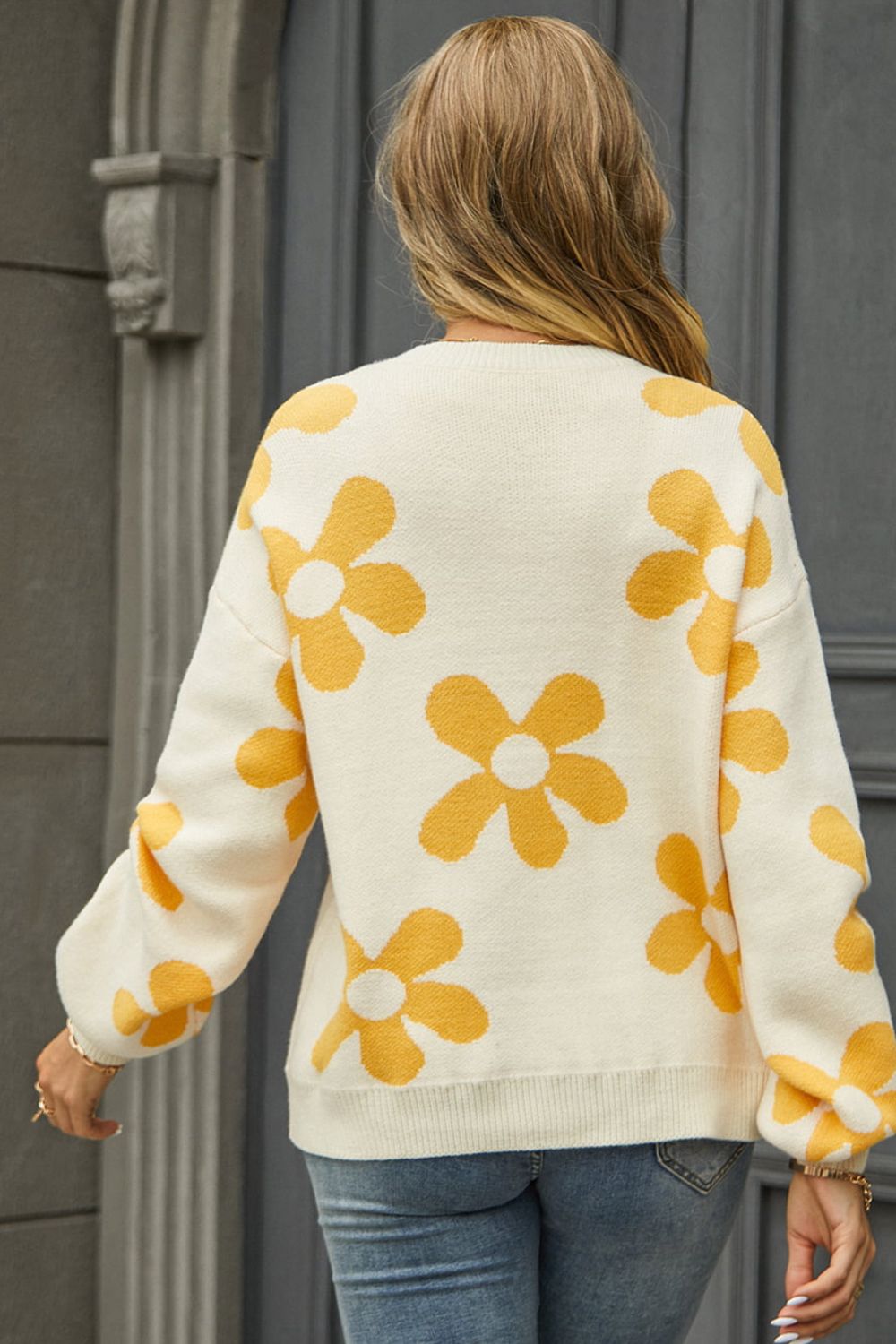 Floral Print Round Neck Dropped Shoulder Pullover Sweater - bertofonsi
