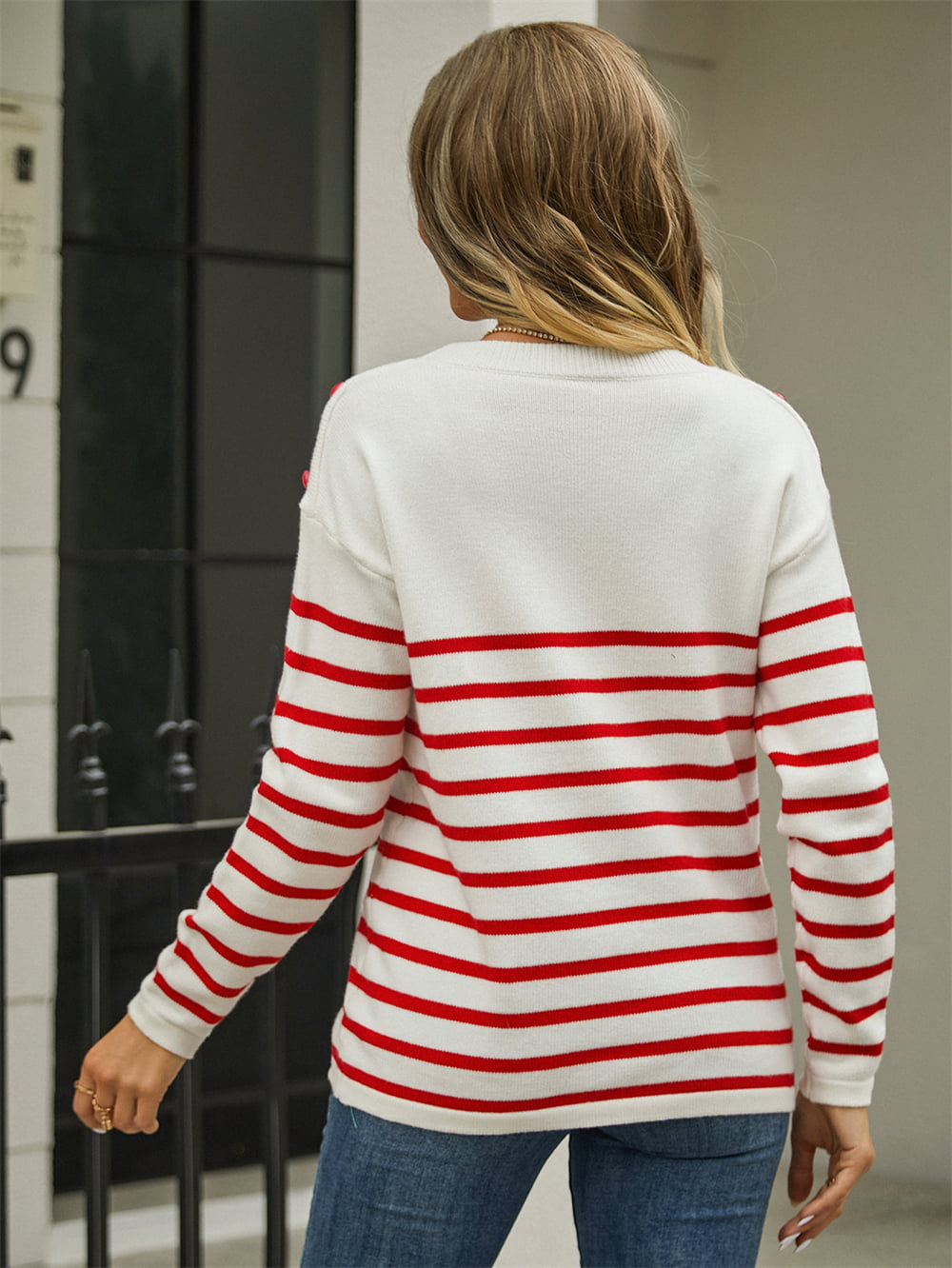 Round Neck Shoulder Button Striped Pullover Sweater - bertofonsi