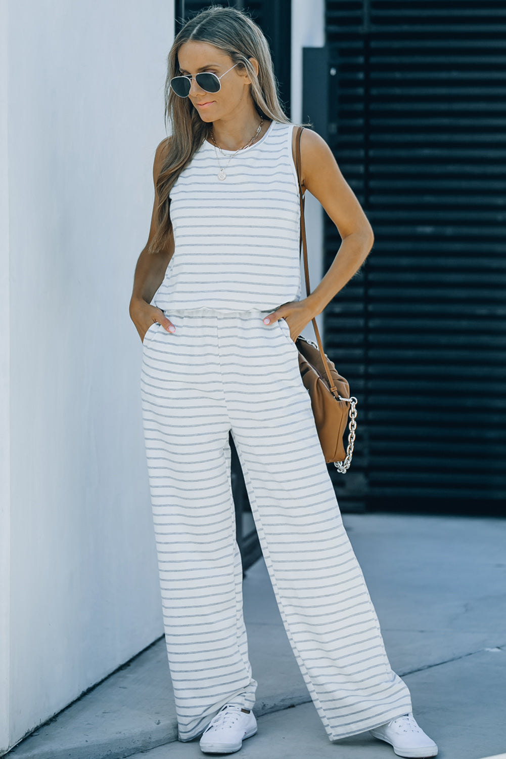 Striped Sleeveless Jumpsuit with Pockets - bertofonsi