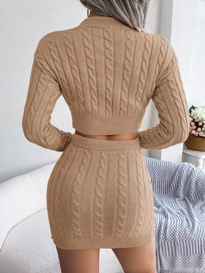 Cable-Knit Round Neck Top and Skirt Sweater Set - bertofonsi