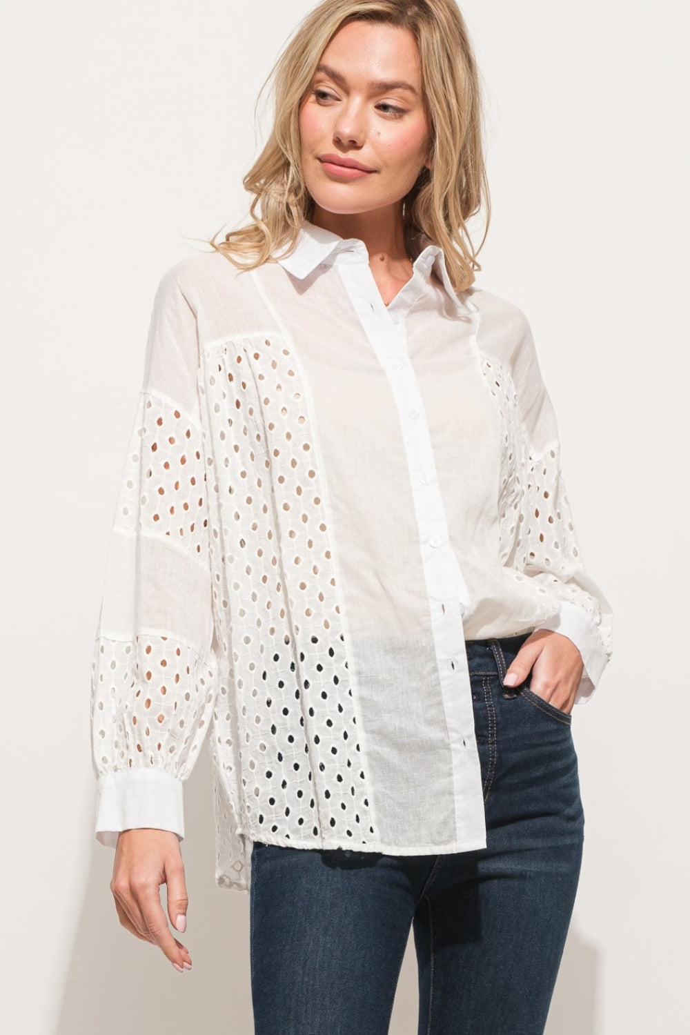 And The Why Eyelet Long Sleeve Button Down Shirt - bertofonsi