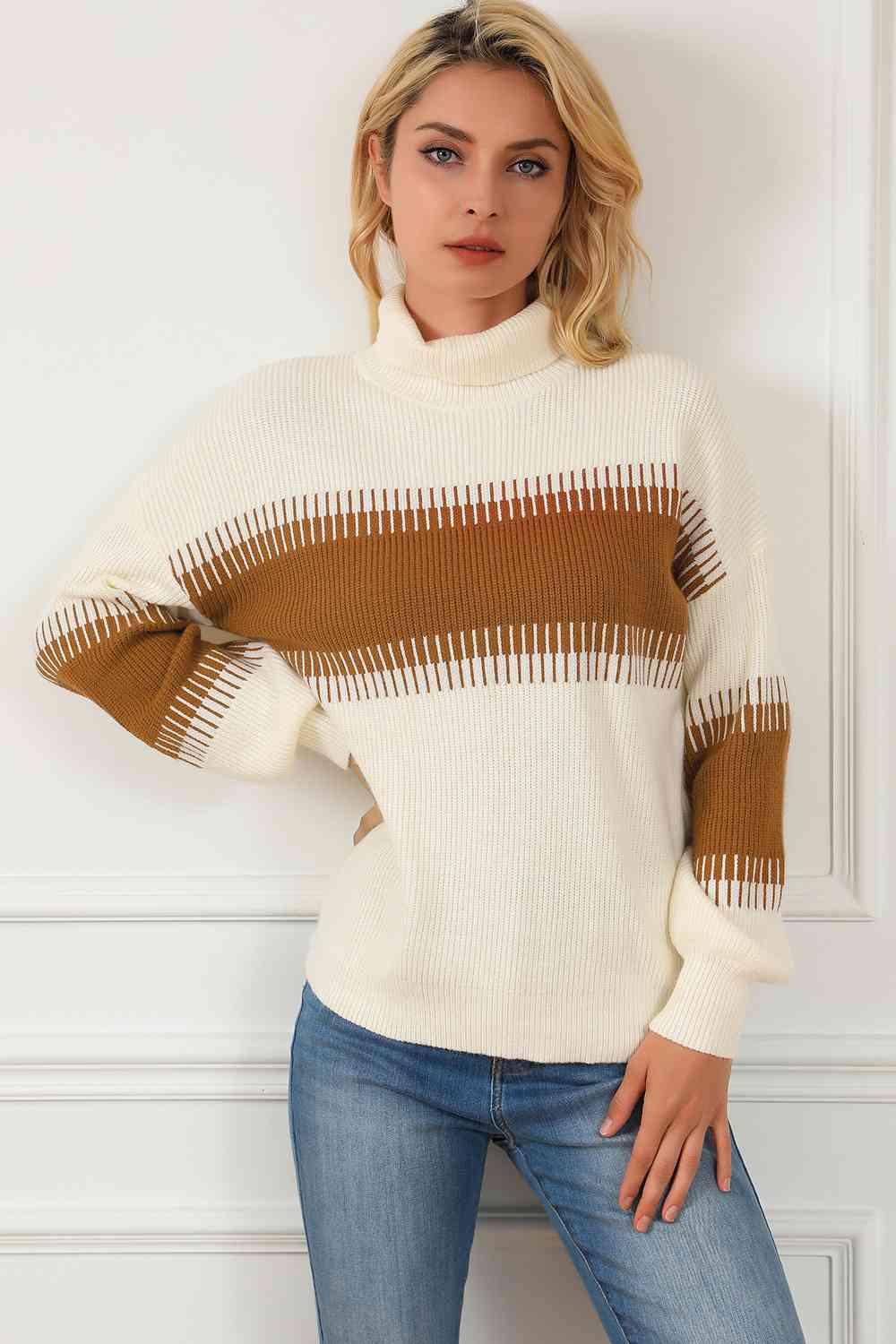 Contrast Turtleneck Long Sleeve Sweater - bertofonsi