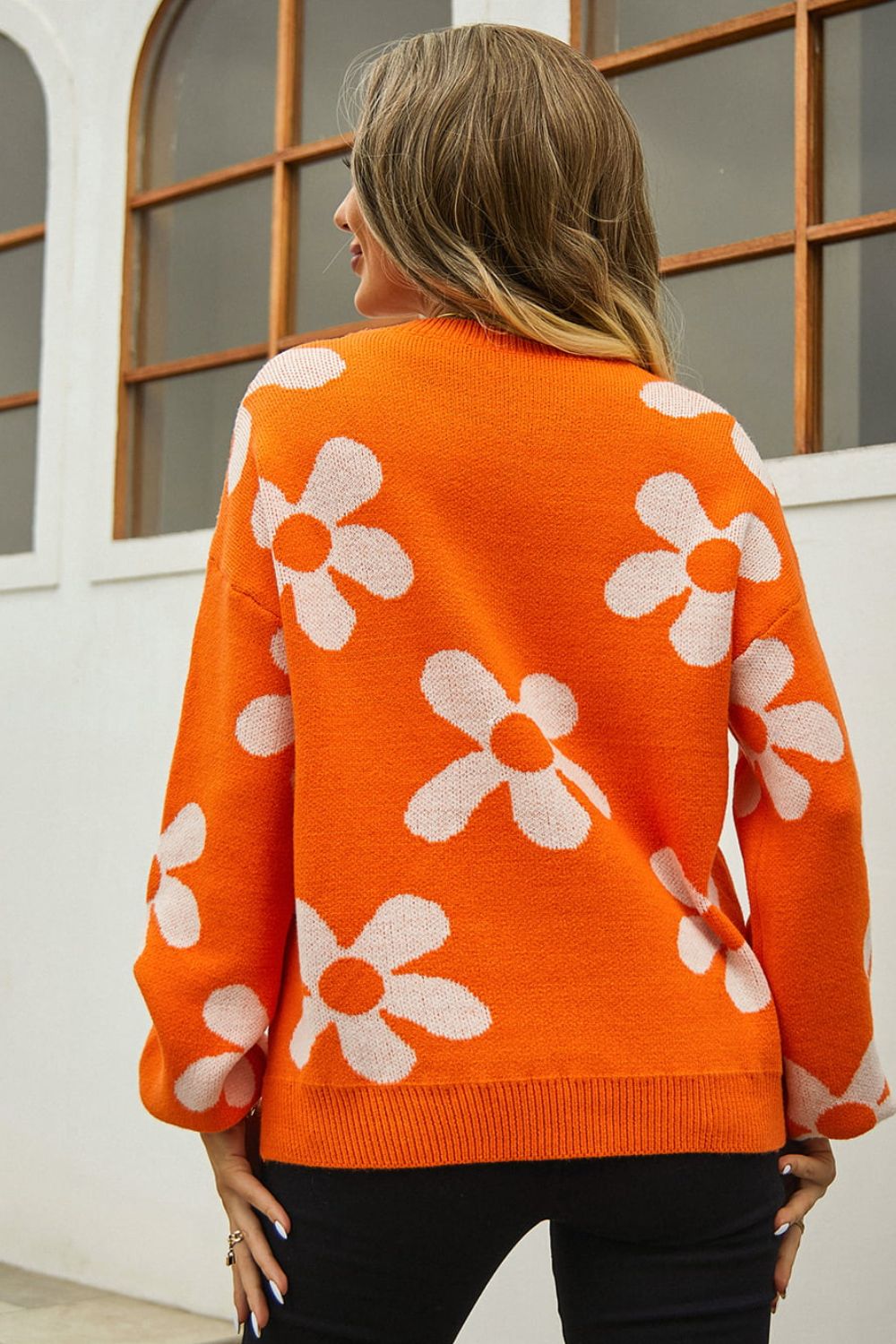 Floral Print Round Neck Dropped Shoulder Pullover Sweater - bertofonsi