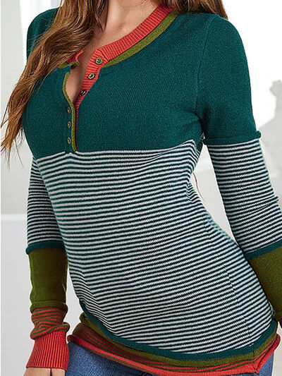 Striped Contrast Notched Long Sleeve Sweater - bertofonsi