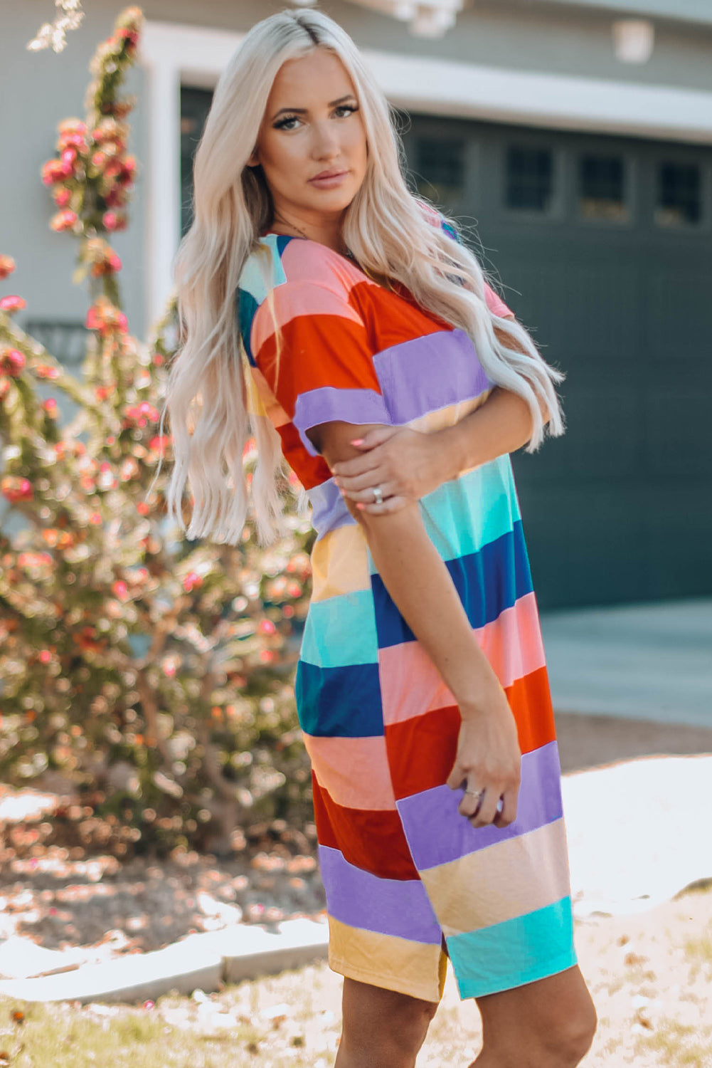 Women Color Block Side Slit Mini Dress - bertofonsi