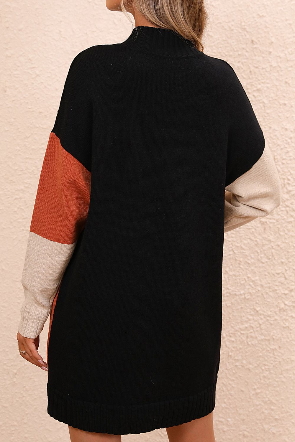 Color Block Mock Neck Dropped Shoulder Sweater Dress - bertofonsi