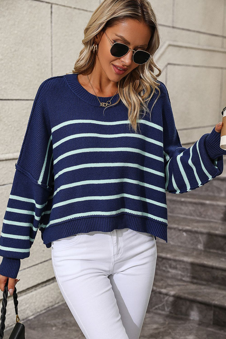Striped Dropped Shoulder Round Neck Pullover Sweater - bertofonsi