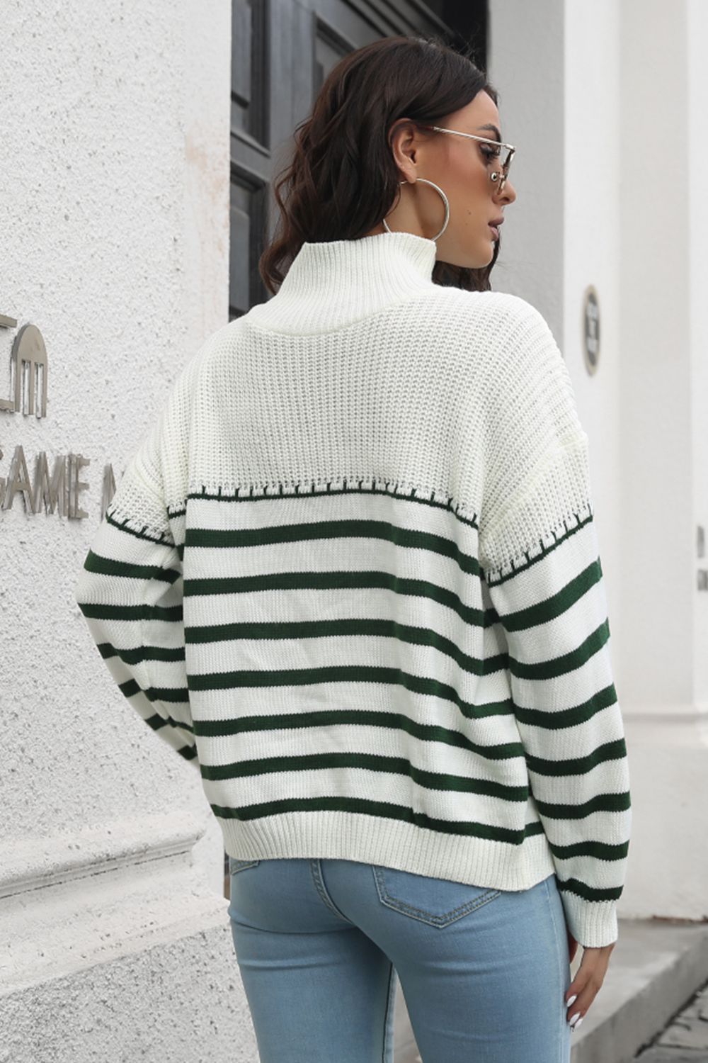 Striped Turtleneck Drop Shoulder Sweater - bertofonsi