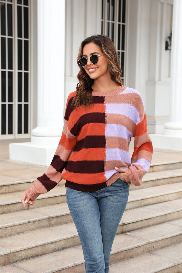 Round Neck Long Sleeve Color Block Dropped Shoulder Pullover Sweater - bertofonsi