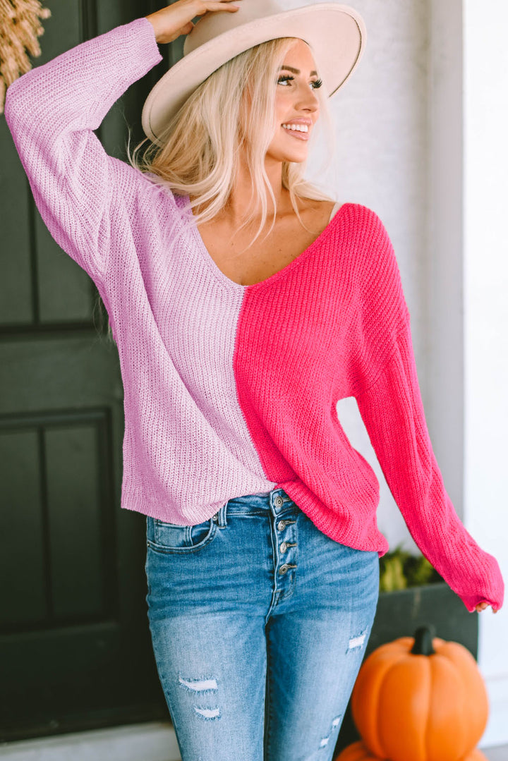 Contrast Color V-Neck Long Sleeve Pullover Sweater - bertofonsi