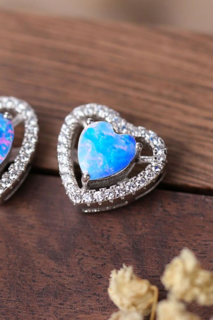 925 Sterling Silver Opal Heart Stud Earrings - bertofonsi