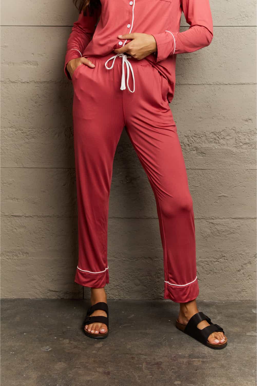 Ninexis Buttoned Collared Neck Top and Pants Pajama Set - bertofonsi
