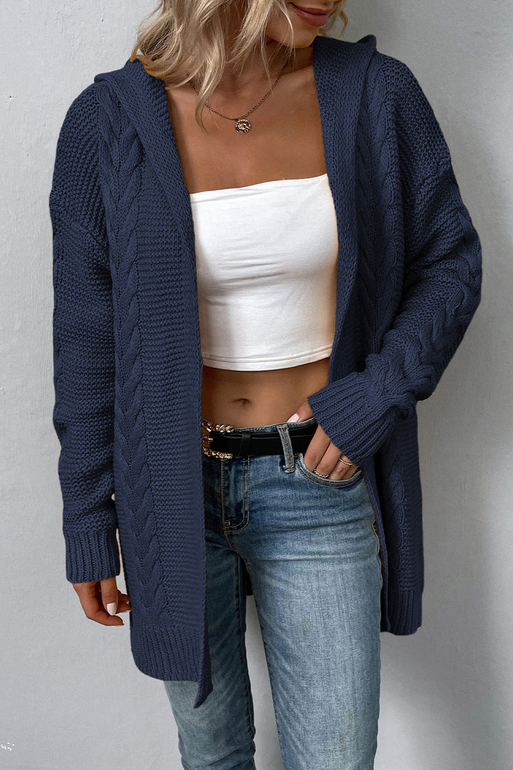 Cable-Knit Dropped Shoulder Hooded Cardigan - bertofonsi
