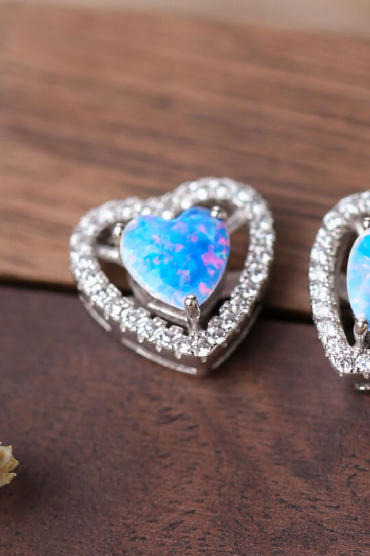 925 Sterling Silver Opal Heart Stud Earrings - bertofonsi