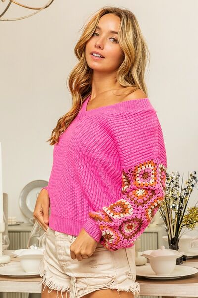BiBi V-Neck Crochet Long Sleeve Sweater - bertofonsi
