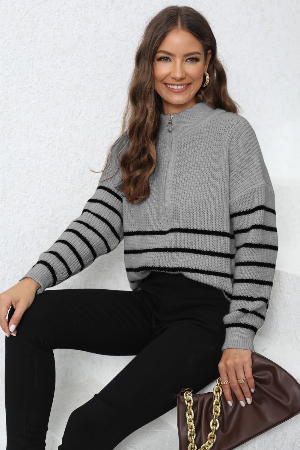 Mock Neck Long Sleeve Zip-Up Sweater - bertofonsi