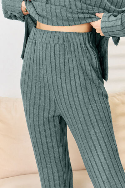 Basic Bae Full Size Ribbed Drawstring Hood Top and Straight Pants Set - bertofonsi