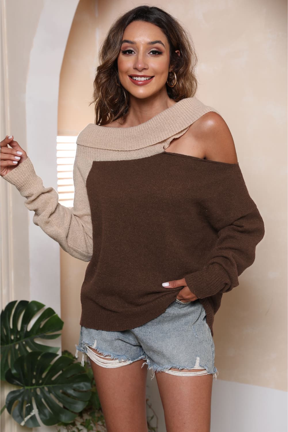 Asymmetrical Long Sleeve Two-Tone Cutout Sweater - bertofonsi