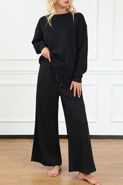 Double Take Full Size Textured Long Sleeve Top and Drawstring Pants Set - bertofonsi