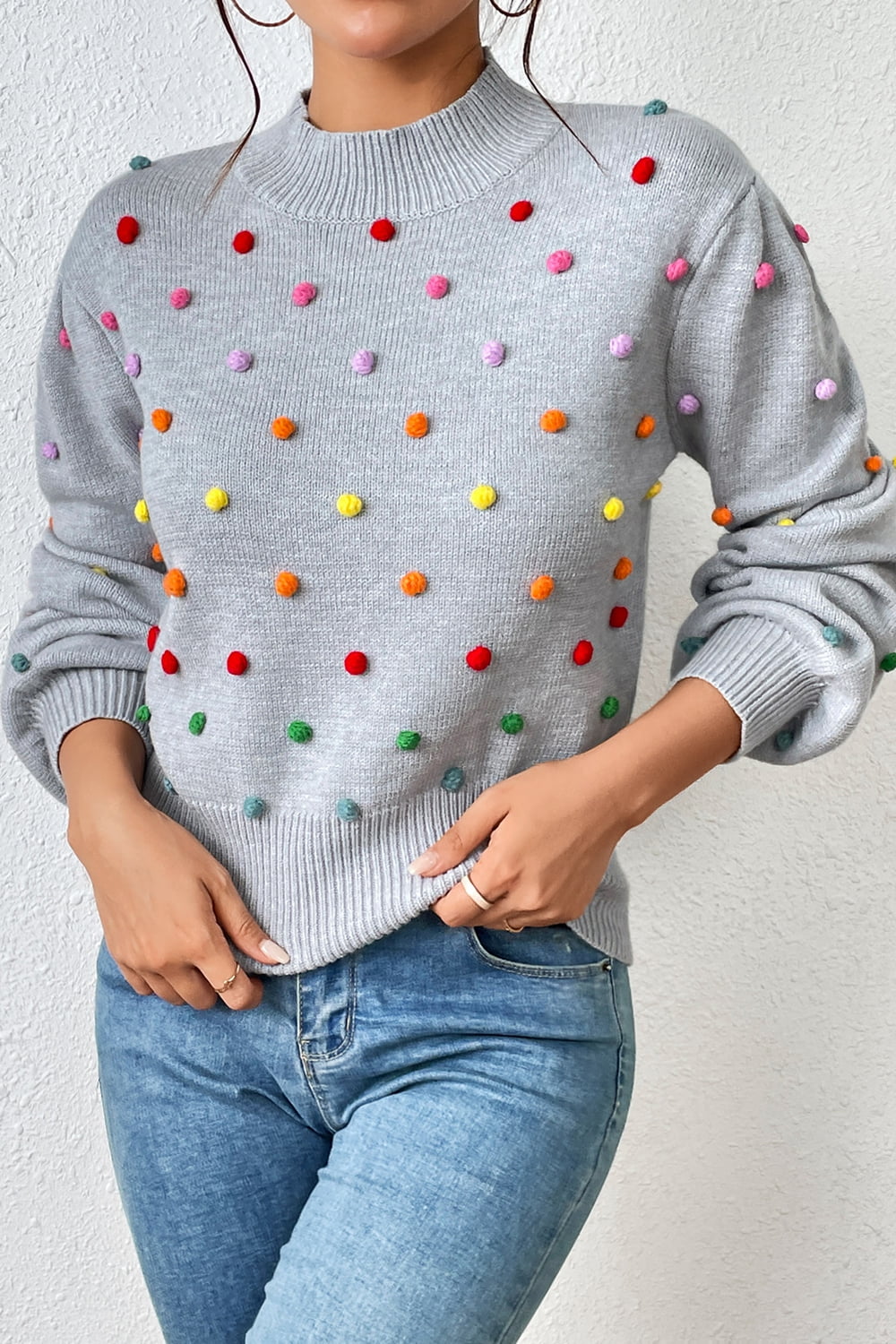 Pom-Pom Trim Mock Neck Long Sleeve Pullover Sweater - bertofonsi