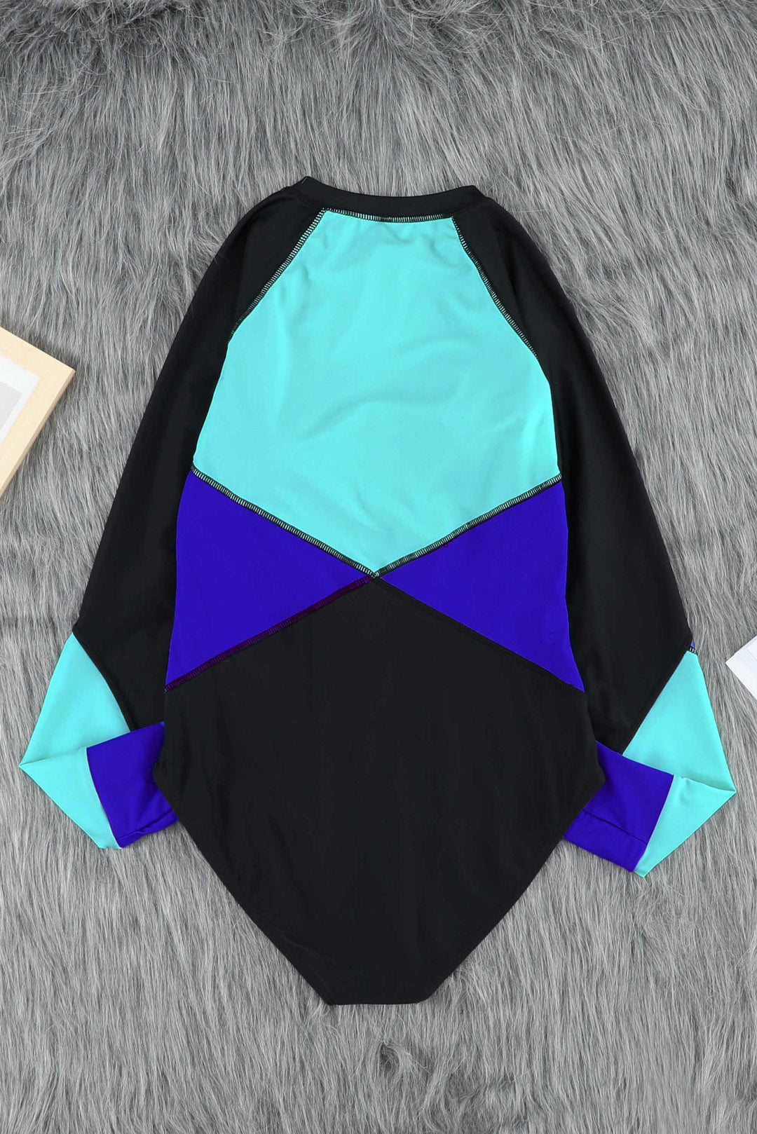 Color Block Half Zip Long Sleeve One-Piece Swimsuit - bertofonsi