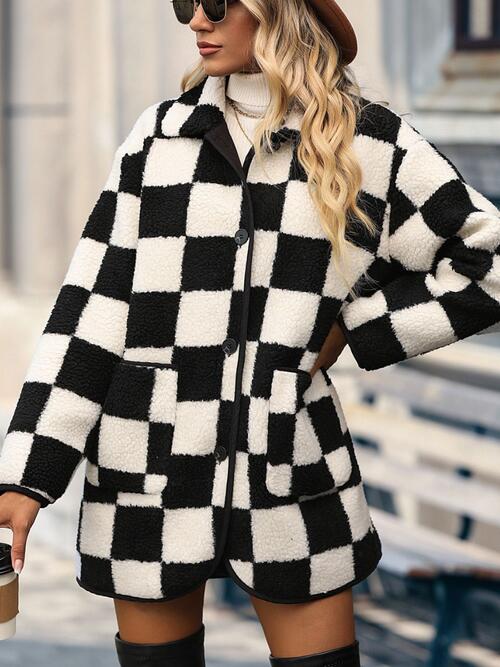 Plus Size Checkered Button Front Coat with Pockets - bertofonsi