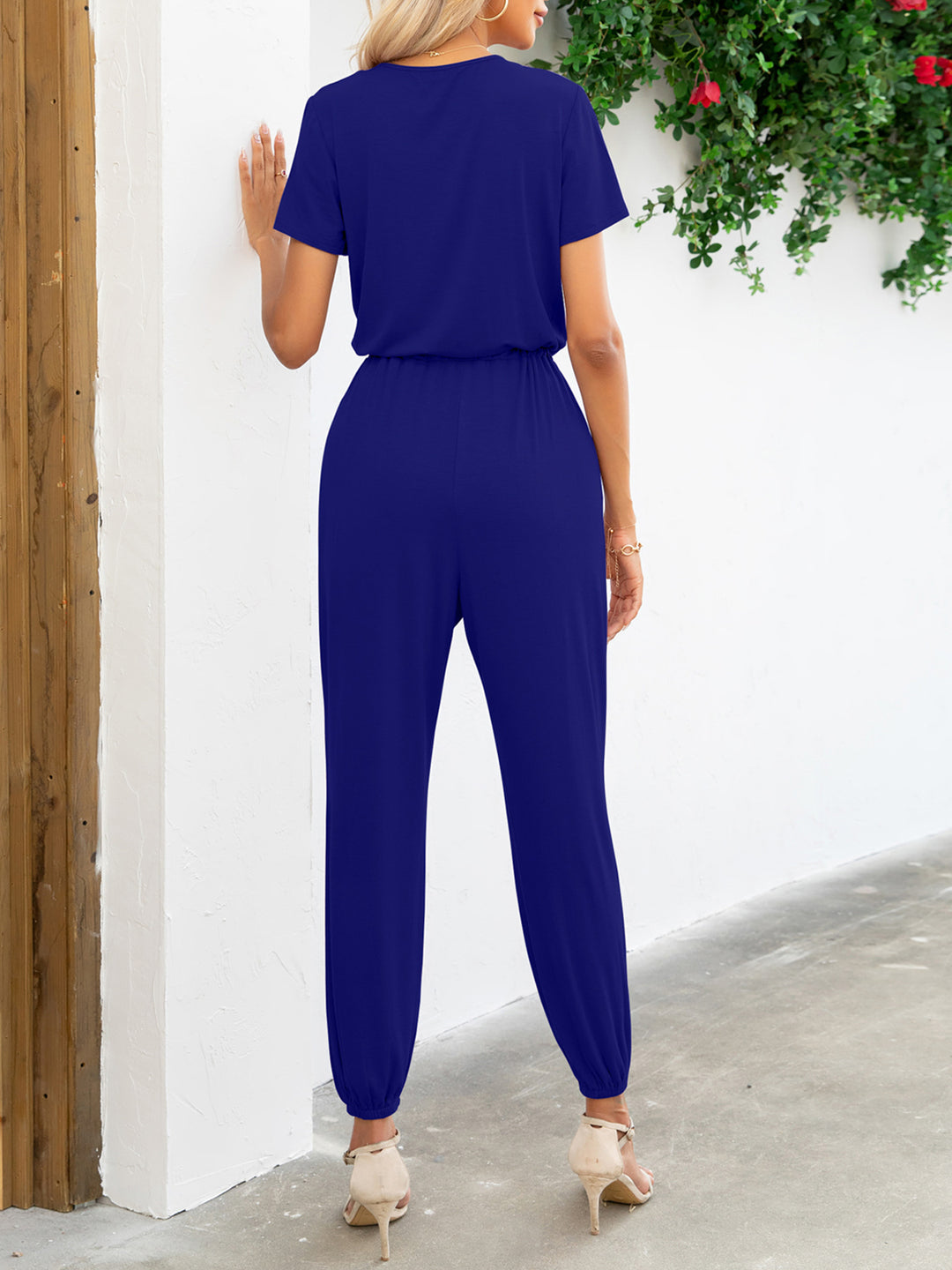 Short Sleeve V-Neck Jumpsuit with Pockets - bertofonsi