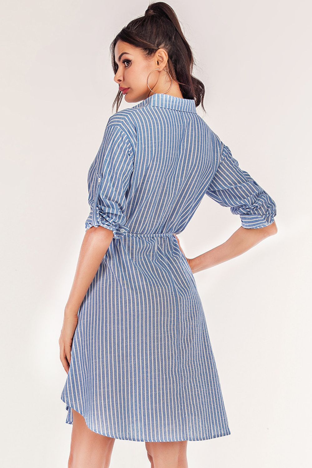 Full Size Striped Quarter-Button Roll-Tab Sleeve Shirt Dress - bertofonsi