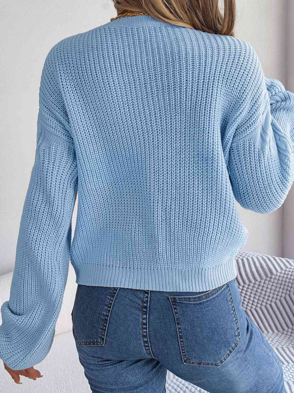 Cable-Knit Round Neck Drop Shoulder Sweater - bertofonsi