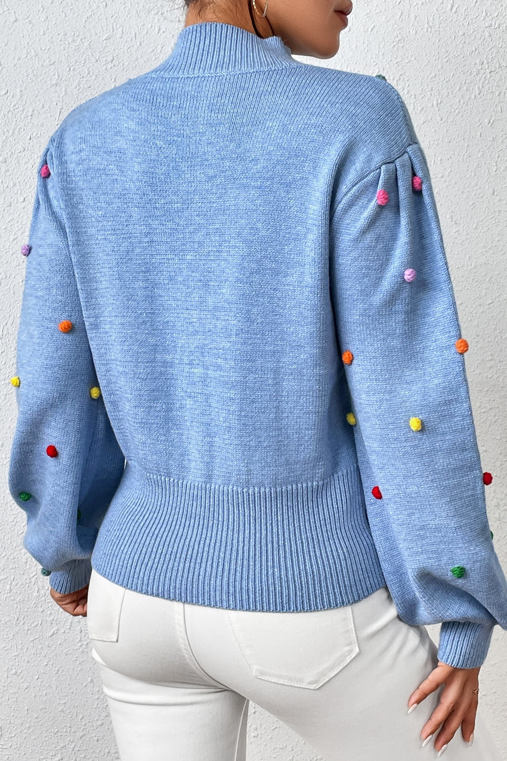 Pom-Pom Trim Mock Neck Long Sleeve Pullover Sweater - bertofonsi