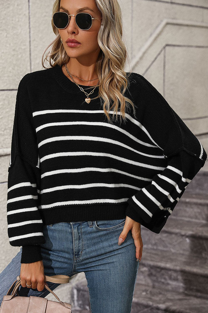 Striped Dropped Shoulder Round Neck Pullover Sweater - bertofonsi