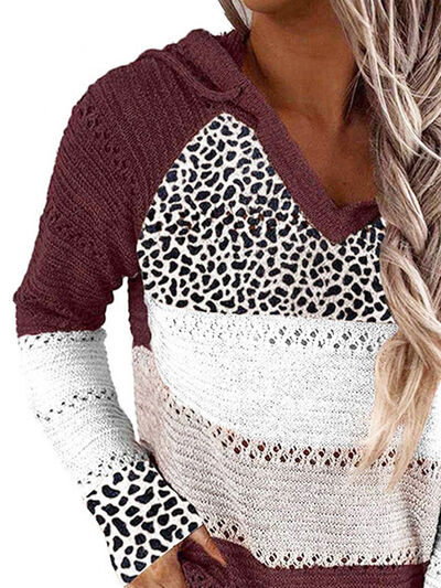 Full Size Openwork Leopard Drawstring Hooded Sweater - bertofonsi