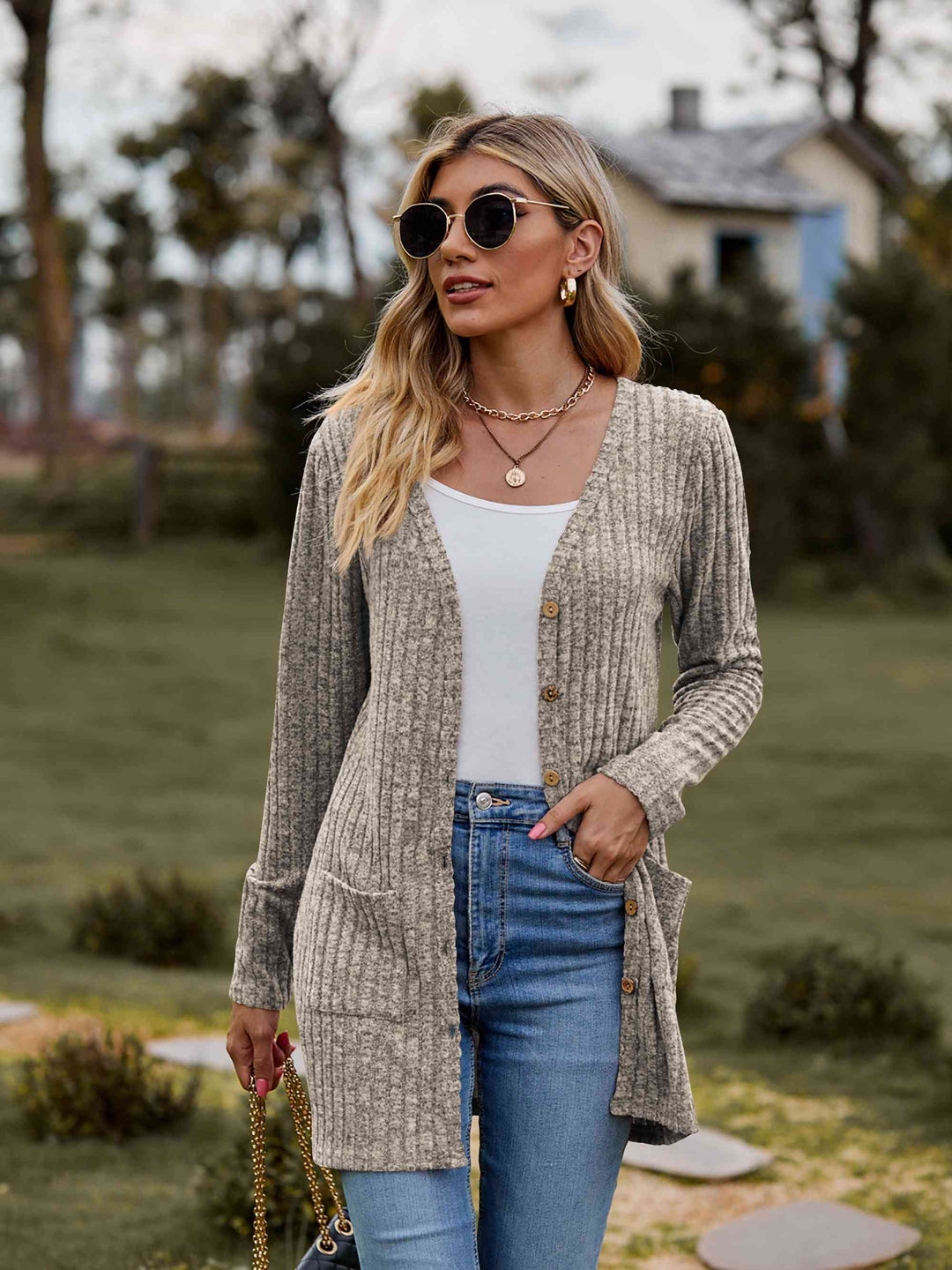 Double Take Ribbed Button-Up Cardigan with Pockets - bertofonsi