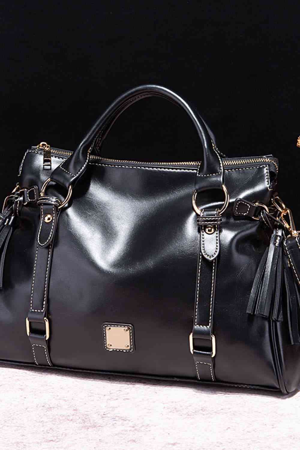 PU Leather Handbag with Tassels - bertofonsi