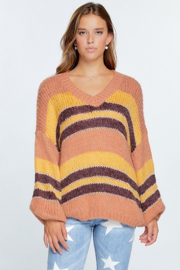 V-neck Cozy Thick Knit Stripe Pullover Sweater - bertofonsi