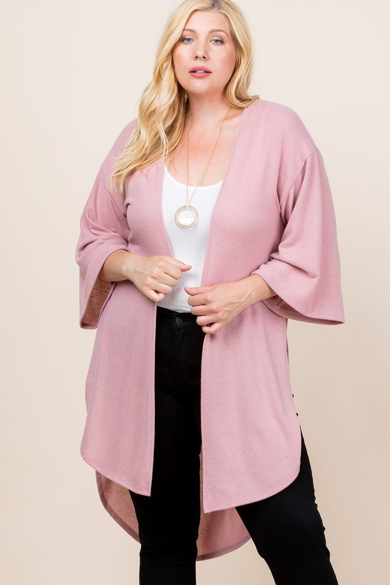 Plus Size Solid Hacci Brush Open Front Long Cardigan With Bell Sleeves - bertofonsi