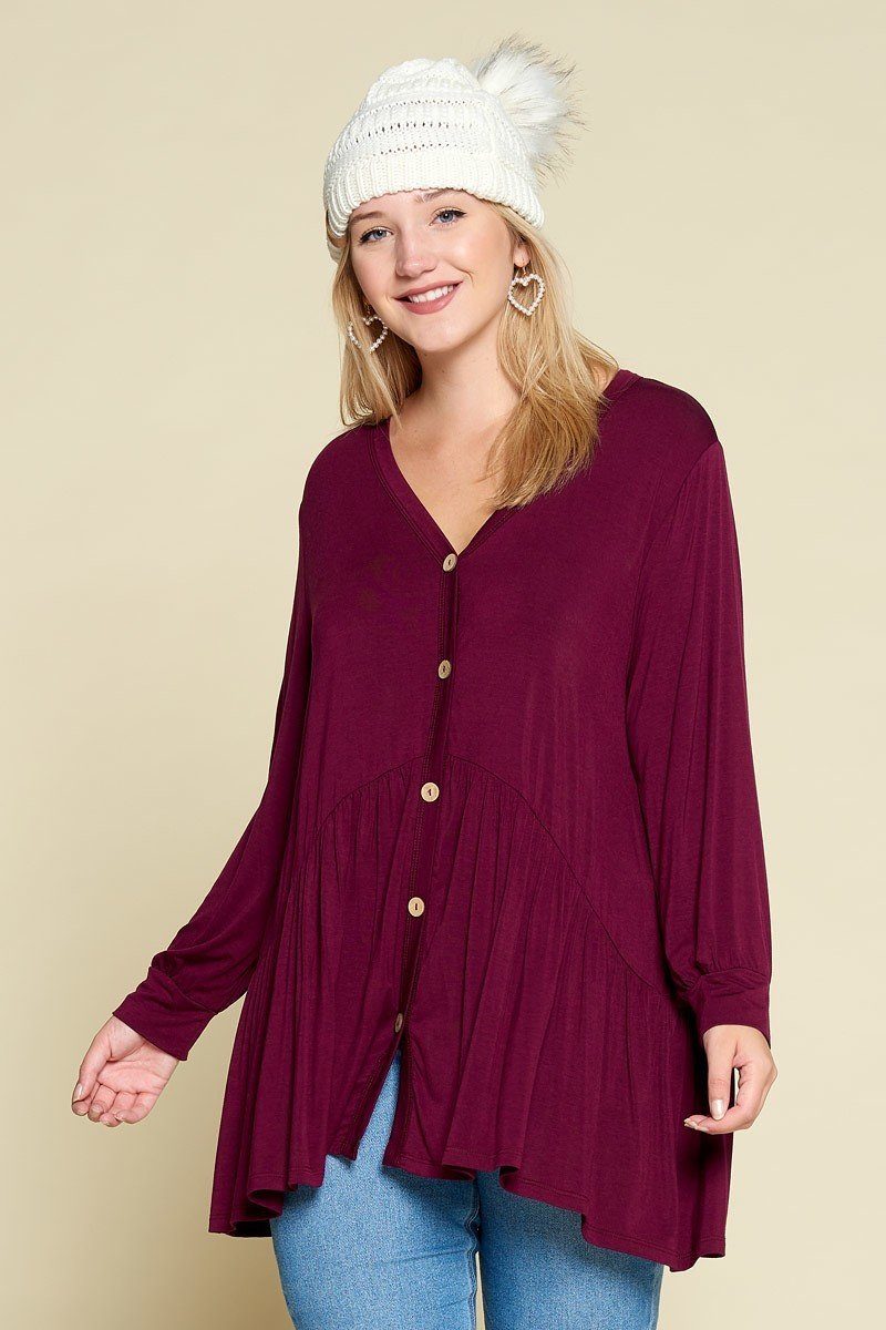Plus Size Solid Heavy Rayon Modal Jersey Faux Button Up - bertofonsi