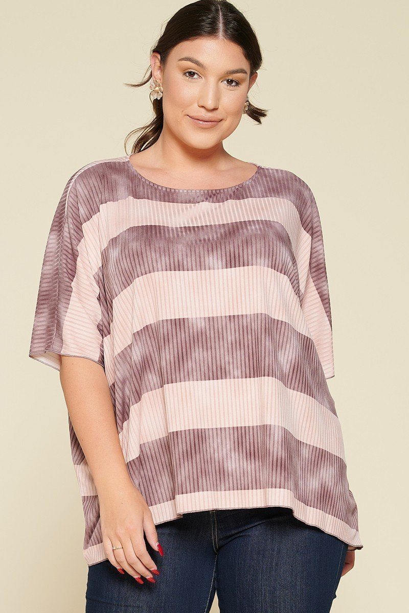Stripe Printed Pleated Blouse Featuring A Boat Neckline And 1/2 Sleeves - bertofonsi